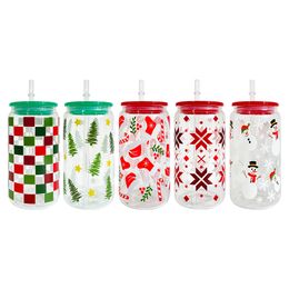 UV printed Christmas Xmas checkered santa hats stockings snowman trees print clear transparent Borosilicate 16oz beer glass can Coffee Mug with plastic pp lids