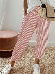 Women's Pants Summer Mid-waist Ankle Length Pant Women Cotton Linen Pocket Straight Trousers Lady Casual Ethnic Retro Print Drawstring