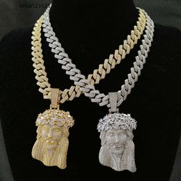 Iced Out CZ Jesus Head Pendant Necklace Gold Silver Plated with 13mm Diamond Cuban Link Chain