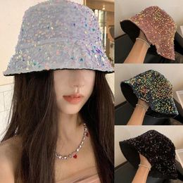 Berets Glitter Bucket Hat Fashion Folded Windproof Panama Women Sequins Flat Top Cap Dance