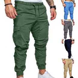 Men's Pants 2021 New Casual Men Joggers Pants Cotton Linen Cargo Solid Color Elastic Long Trousers Military Pants Ma ggings S241W
