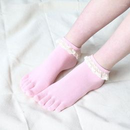 Women Socks Sweet Korean Lace Edge Five Finger Pink Blue Ankle Split Toe Spring Autumn Breathable Cotton