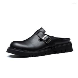 Slippers Genuine Leather Mules Men Shoes Casual Fashion Buckle Round Toe Height Increase Mens Daily Leisure Platform