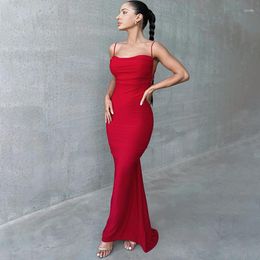 Casual Dresses Spaghetti Strap Backless Maxi Dress Elegant Cowl Neck Mermaid Evening Bodycon Ruched Long Prom Luxury Gown 2023