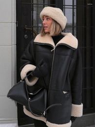 Women's Leather Fur Coat Women Winter Long Sleeve Velvet Lapels Female Coats Streetwear Black Engine Ladies Jackets