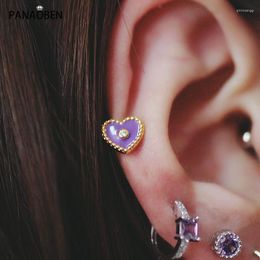 Stud Earrings PANAOBEN 925 Sterling Silver For Women Purple Peach Heart Ear Bone Studs French Love Cute Thin Rod Screw