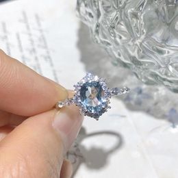 Cluster Rings HT Solid 925 Sterling Silver Blue Aquamarine 1.2ct Gemstones For Female's Birthday's Presents