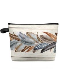 Totes Wood grain feather autumn retro makeup bag Portable Women's waterproof bathroom multifunctional face wash caitlin_fashion_ bags