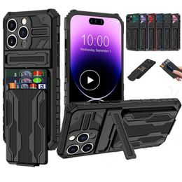 Military Grade Heavy Duty Slide Card Slot Cases Armor Shockproof Stand Cover For iPhone 15 14 13 12 11 Pro MAX XR XS Max 8 7 Plus Samsung S20 FE S21 S22 S23 Ultra