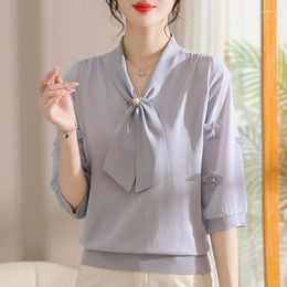 Women's Sweaters Korean Fashion Bowknot Knitted Sweater 2023 Autumn Winter 3/4 Sleeve Pullovers Top Women Patchwork Chiffon Shirt