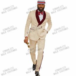 Men's Suits & Blazers Double Breasted Suit Latest Coat Pant Designs Champagne Floral Tuxedo Burgundy Lapel Party Dress Groom 193t