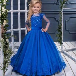 Girl Dresses Royal Blue Flower Long Sleeve Lace Applique For Princess Children Ball Gown First Communion Party Birthday