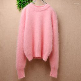 Women's Sweaters Ladies Women Fall Winter Clothing Pink Hairy Angora Hair Knitted O-Neck Loose Pullover Fur Jumper Sweater Pull Top