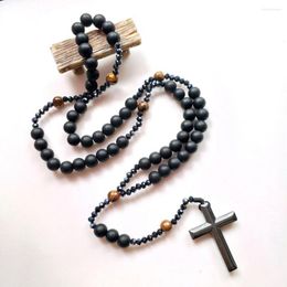 Pendant Necklaces CottvoReligious Hematite Cross Black Frosted Tiger Eye Stone Beads Crystal Chain Pray Chaplet Rosary Necklace Baptism