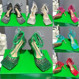 Designer Sandals Women Designer High Heel Slippers Leather Rhinestone Mesh Sandal Sparkle Stretch Ladies Party Wedding Shoes New