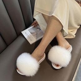 Slippers Real Fur For Women Plus Size Summer Open Toe Fluffy Color Sandals Casual Candy Flip Flops Furry Shoe 230831