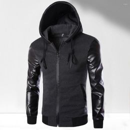 Men's Hoodies Men Coat Faux Leather Sleeve Jacket Slim Fit Pockets Windbreaker