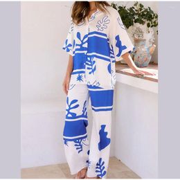 Women's Two Piece Pants Autumn Winter Casual Print Set Women Short Sleeve Single Breasted Lapel Shirt Top Wide Leg Home Loose Suits