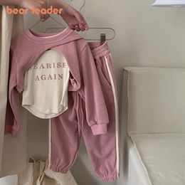 Clothing Sets Bear Leader Girls' Set 2023 Autumn Letter Print Tank Top Round Neck Sweater Cover Up Pants Three Piece Children's Cute