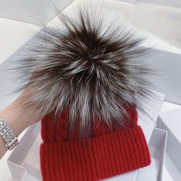 Fox Fur Pom Pom Beanie Cap Women Fashion Wool Knit Beanie Skull Caps Sport Hats Winter Ski Caps Hat unisex272g