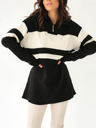 Women's Sweaters Long Sweater Women Striped Pullover Ladies Winter Warm Jumper Female Full Sleeve Top Fashion Zipper Loose Knitwear Jersey