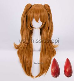 Cosplay Wigs High Quality EVA Asuka Langley Soryu Cosplay Wigs Long Orange With 2 Ponytail Clips Heat Resistant Synthetic Hair Wig Cap x0901