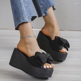 Slippers Summer Wedge Platform Flat Heel Elegant Bow Fake 2023 Fashion Casual Open Toe Large