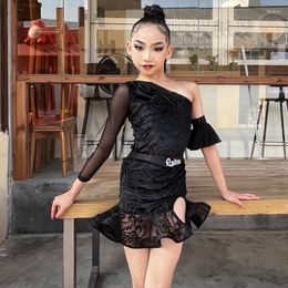 Stage Wear Children Latin Dance Competition Costume Black Single Sleeve Tops Skirt Girls ChaCha Rumba Samba Performance Dresses YS5072