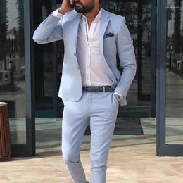 Men's Suits Sky Blue Linen Beach Men Summer 2 Piece Slim Fit Groom Tuxedo For Wedding Male Jacket With Pants2429