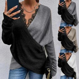 Women's Sweaters 2023 Spring Women Knitted Sweater Sexy Lace Patchwork V Neck Wrap Pullover Top Elegant Fashion Gray Black Long Sleeve