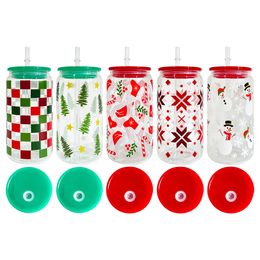 Already printed UV design Christmas Xmas Chequered santa hats stockings snowman trees 16oz clear beer glass can with clear plastic straw ready to ship 50pcs/case