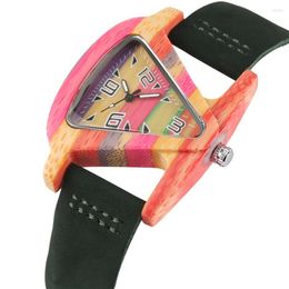 Wristwatches Unique Triangle Women's Wood Watch Creative Colorful Lady Green/ Red Genuine Leather Wristwatch Elegant Womens Watches Top