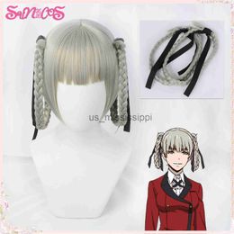 Cosplay Wigs Anime Kakegurui Kirari Momobami 35cm Short Wigs Heat Resistant Synthetic Grey Braids Styled Clip on Cosplay Wig free wig cap x0901