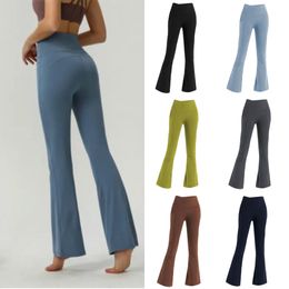 Womens Leggings Align LU07 Women Yoga Pants Solid Colour Nude Sports Shaping Waist Tight Flared Fitness Loose Jogging Sportswear Womens Nine Point Flared Pant High Qu