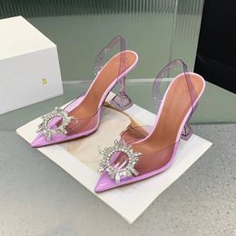 2023 Amina muaddi Begum Kristal-Verfraaid gesp PVC Pumps sandalen dames Luxe Ontwerpers Jurk schoen echte koeienhuid zool9.5cm dames Party schoenen