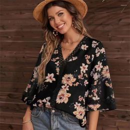 Women's Tanks Fashion Spring Summer Women Floral Print Lace V-Neck Long Sleeve Shirt Top Office Lady Pullover Sexy Girl Casual Clothing Gift