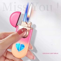 Metal Love Double Flame Butane No Gas Lighter Creative LED Blue Light Transparent Window Grinding Wheel Ignition Cigar Lighters TKD2