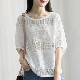 Women's Blouses Women Short Sleeve White Tops Loose O-Neck Clothes Summer Puff Cotton Blouse Fashion Hollow Out Lace Shirt 28387