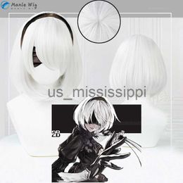 Cosplay Wigs Game NieRAutomata 2B Wigs YoRHa No 2 Type B Cosplay Wig 33cm Short Whirt BoBo Heat Resistant Halloween Wigs Free Wig Cap x0901