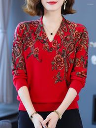 Women's Sweaters Floral Print Autumn Women Clothing Pullover Long Sleeve Tops Femme Soft V Neck Slim Knitted Sweater