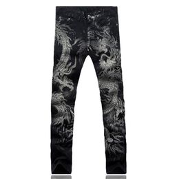 Men's Jeans Men Pants Slim Fit Fashion Dragon Print Male Colored Drawing Painted Denim Elastic Black Cargo289O