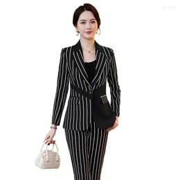 Women's Two Piece Pants High Quality Black Striped Women Work Wear Formal Pant Suit Blazer Ladies Long Sleeve Slim Business Jacket Trouser 2