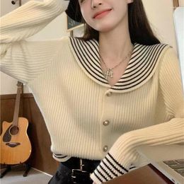 Women's Knits Knitted Sweater Cardigan Women Top Autumn Striped Navy Collar Long-sleeved Korean College Style Button Up Coat Outwear