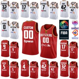 Printed Germany Basketball Jersey 2023 World Cup 17 Dennis Schroder 42 Andreas Obst 32 Johannes Thiemann 4 Maodo Lo 10 POWER FORWARD National Team Red White Shirt