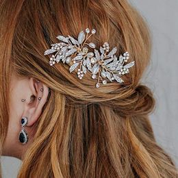 Women Gold Leaf Rhinestones Crystal Hair Comb Bridal Hair Jewelry Weddding Prom Brida Hair Accessories