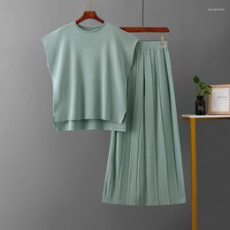 Women's Two Piece Pants Fashion Casual Basic Loose Knitted Set Vintage Batwing Sleeve Tops Knitter High Waist Pleated Wide Leg Outfits Women