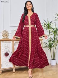 Ethnic Clothing Siskakia Abaya Muslim Fashion Chic Tape Trim Full Sleeve V-Neck Belted Elegant Casual African Long Dresses For Women