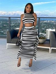 Work Dresses Summer Stripe Dress 2 Two Piece Sets Outfits Women Sleeveless Crop Top Maxi Skirts High Waist Pants Black Suits 2023