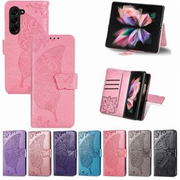 Fold5 Butterfly Design Leather Wallet Phone Case For Samsung Galaxy Z Fold 3 Fold2 Fold 5 Flower Pattern Magnetic Folding Shell