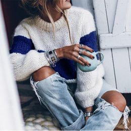 Women's Sweaters Long Sleeve Mohair ColorBlock Sweater 2023 Winter Autumn Woman Pullovers Casual Knitted Striped Fuzzy Fluffy